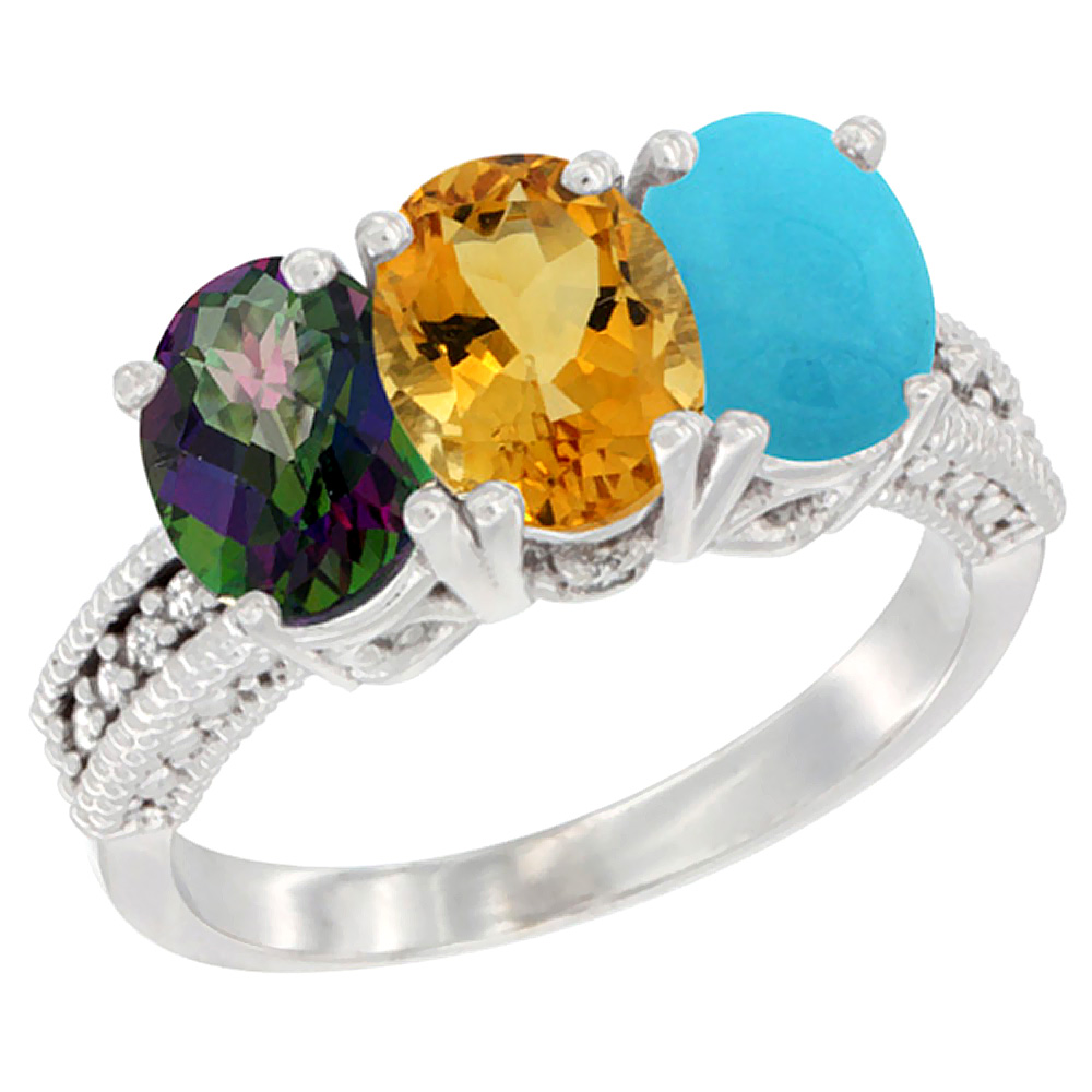 14K White Gold Natural Mystic Topaz, Citrine &amp; Turquoise Ring 3-Stone 7x5 mm Oval Diamond Accent, sizes 5 - 10