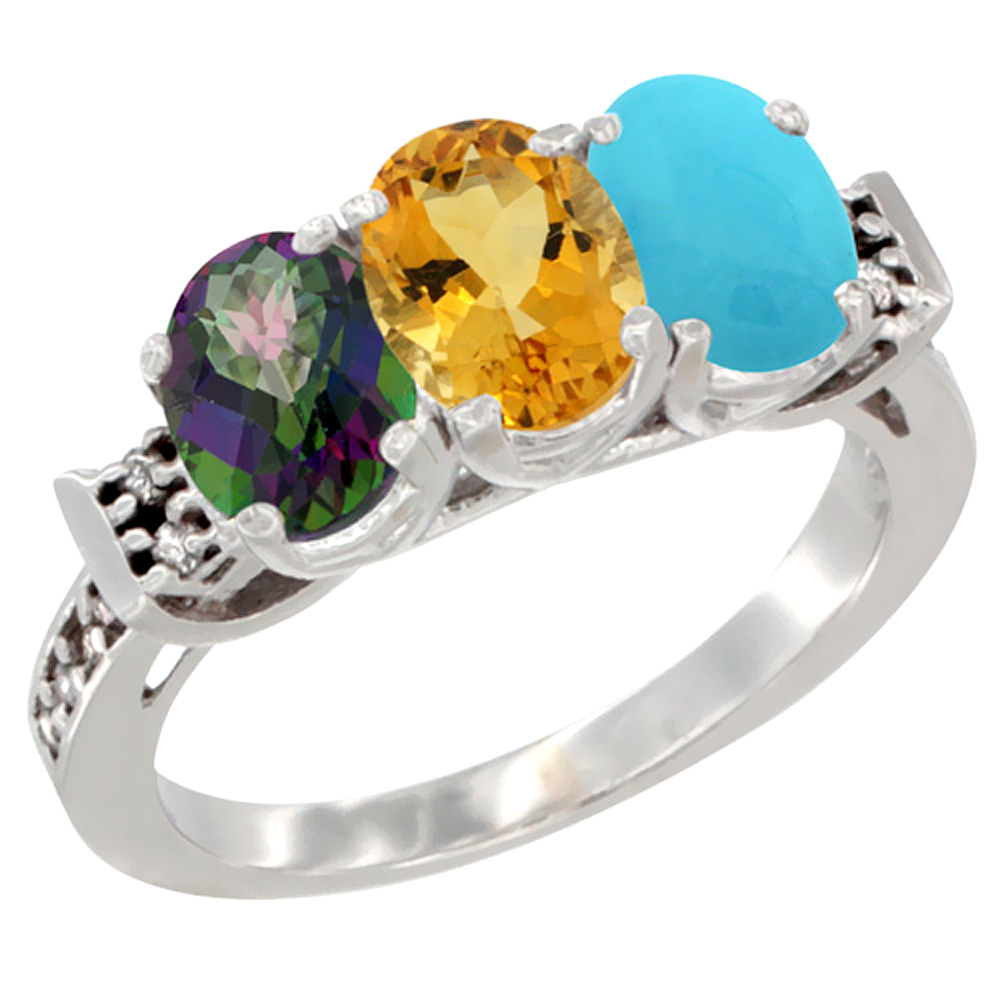 10K White Gold Natural Mystic Topaz, Citrine & Turquoise Ring 3-Stone Oval 7x5 mm Diamond Accent, sizes 5 - 10