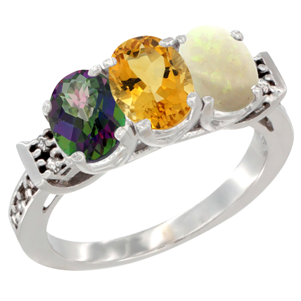 10K White Gold Natural Mystic Topaz, Citrine & Opal Ring 3-Stone Oval 7x5 mm Diamond Accent, sizes 5 - 10