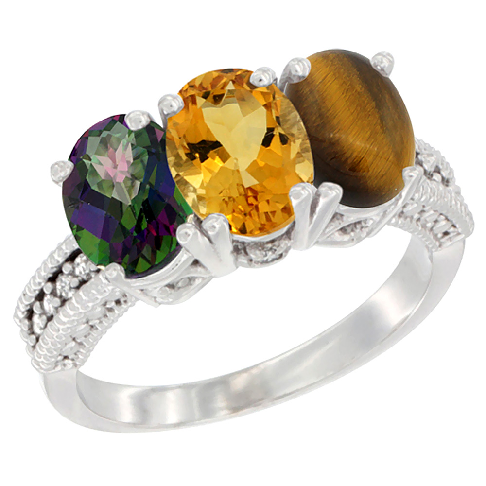 10K White Gold Natural Mystic Topaz, Citrine & Tiger Eye Ring 3-Stone Oval 7x5 mm Diamond Accent, sizes 5 - 10