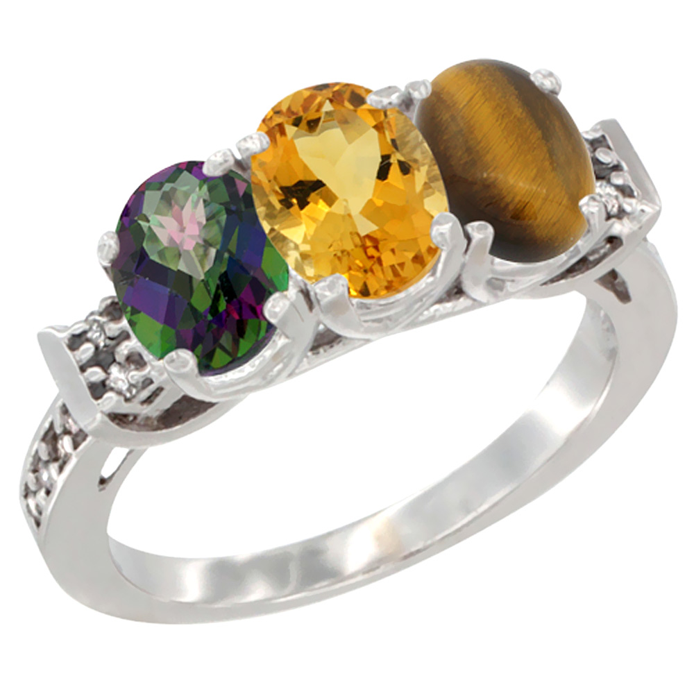 10K White Gold Natural Mystic Topaz, Citrine & Tiger Eye Ring 3-Stone Oval 7x5 mm Diamond Accent, sizes 5 - 10