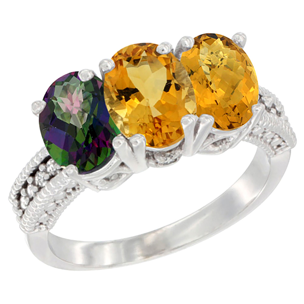 14K White Gold Natural Mystic Topaz, Citrine & Whisky Quartz Ring 3-Stone 7x5 mm Oval Diamond Accent, sizes 5 - 10