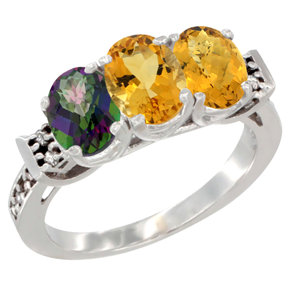 10K White Gold Natural Mystic Topaz, Citrine & Whisky Quartz Ring 3-Stone Oval 7x5 mm Diamond Accent, sizes 5 - 10