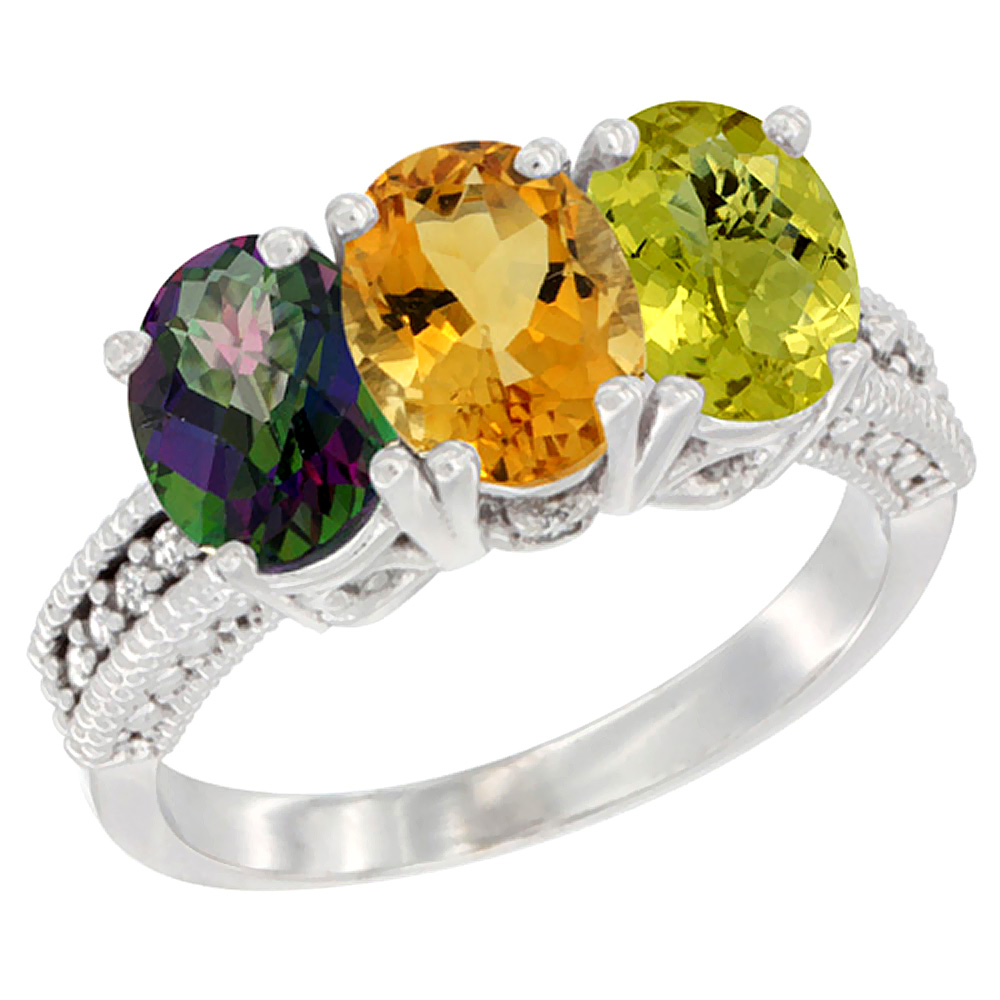 14K White Gold Natural Mystic Topaz, Citrine & Lemon Quartz Ring 3-Stone 7x5 mm Oval Diamond Accent, sizes 5 - 10