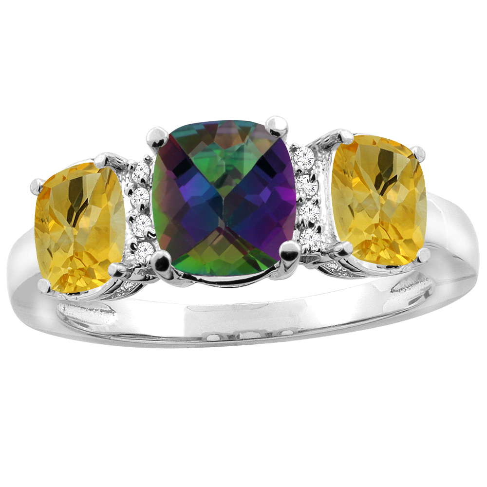 10K White Gold Natural Mystic Topaz &amp; Citrine 3-stone Ring Cushion 8x6mm Diamond Accent, sizes 5 - 10