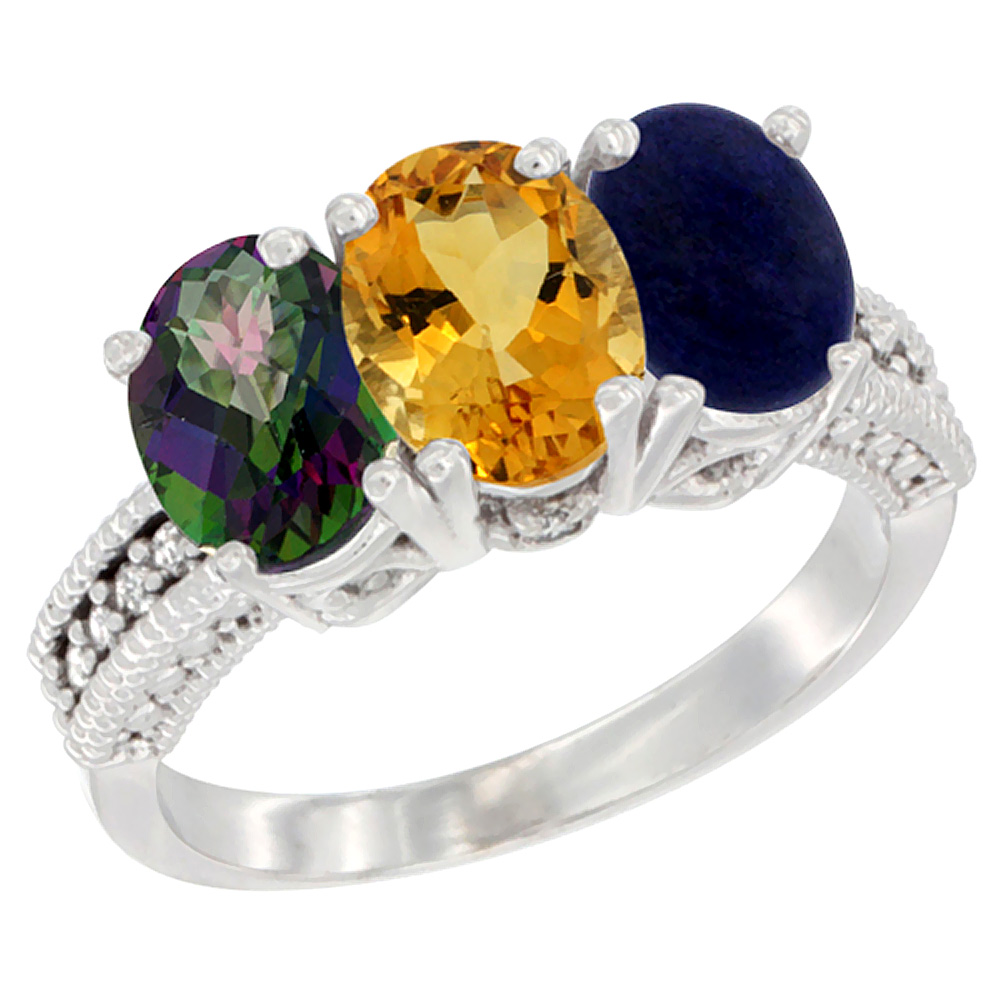 10K White Gold Natural Mystic Topaz, Citrine & Lapis Ring 3-Stone Oval 7x5 mm Diamond Accent, sizes 5 - 10