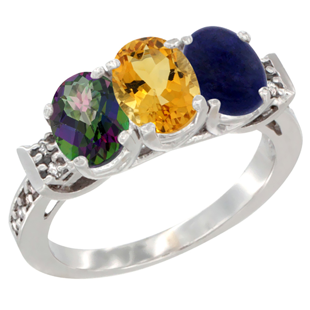 14K White Gold Natural Mystic Topaz, Citrine &amp; Lapis Ring 3-Stone Oval 7x5 mm Diamond Accent, sizes 5 - 10