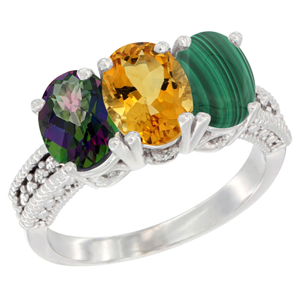 14K White Gold Natural Mystic Topaz, Citrine &amp; Malachite Ring 3-Stone 7x5 mm Oval Diamond Accent, sizes 5 - 10