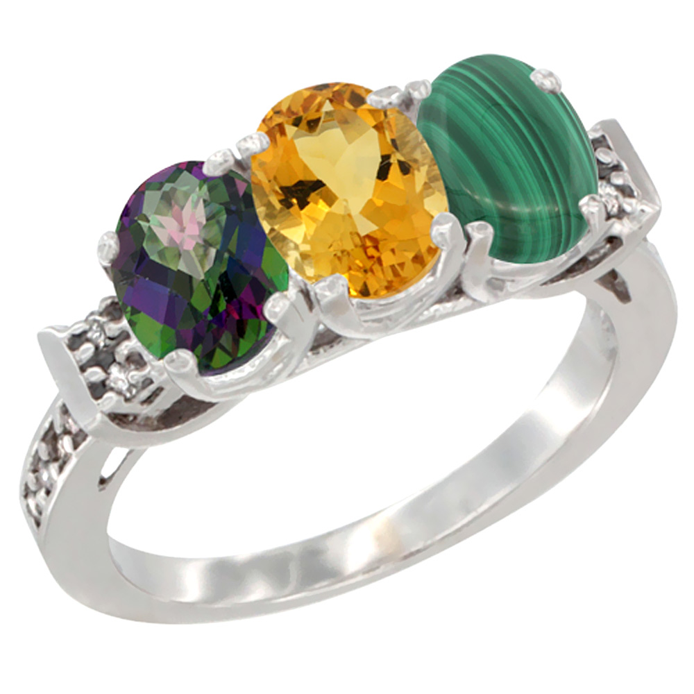 14K White Gold Natural Mystic Topaz, Citrine &amp; Malachite Ring 3-Stone Oval 7x5 mm Diamond Accent, sizes 5 - 10