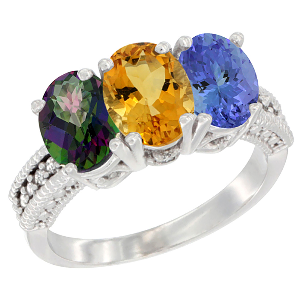 14K White Gold Natural Mystic Topaz, Citrine & Tanzanite Ring 3-Stone 7x5 mm Oval Diamond Accent, sizes 5 - 10