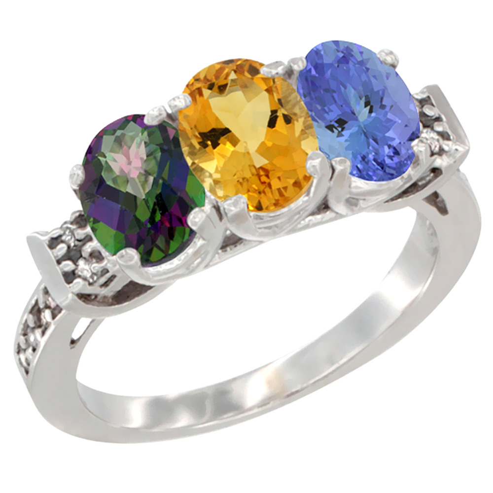 10K White Gold Natural Mystic Topaz, Citrine &amp; Tanzanite Ring 3-Stone Oval 7x5 mm Diamond Accent, sizes 5 - 10