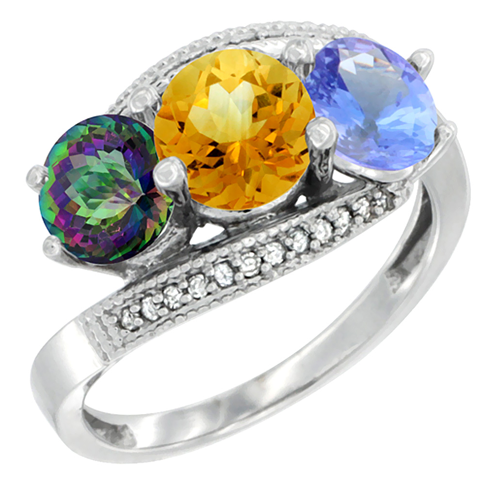 14K White Gold Natural Mystic Topaz, Citrine &amp; Tanzanite 3 stone Ring Round 6mm Diamond Accent, sizes 5 - 10