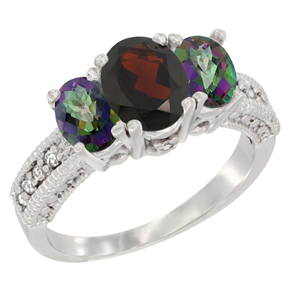 10K White Gold Diamond Natural Garnet Ring Oval 3-stone with Mystic Topaz, sizes 5 - 10