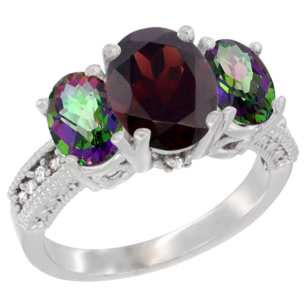 10K White Gold Diamond Natural Garnet Ring 3-Stone Oval 8x6mm with Mystic Topaz, sizes5-10