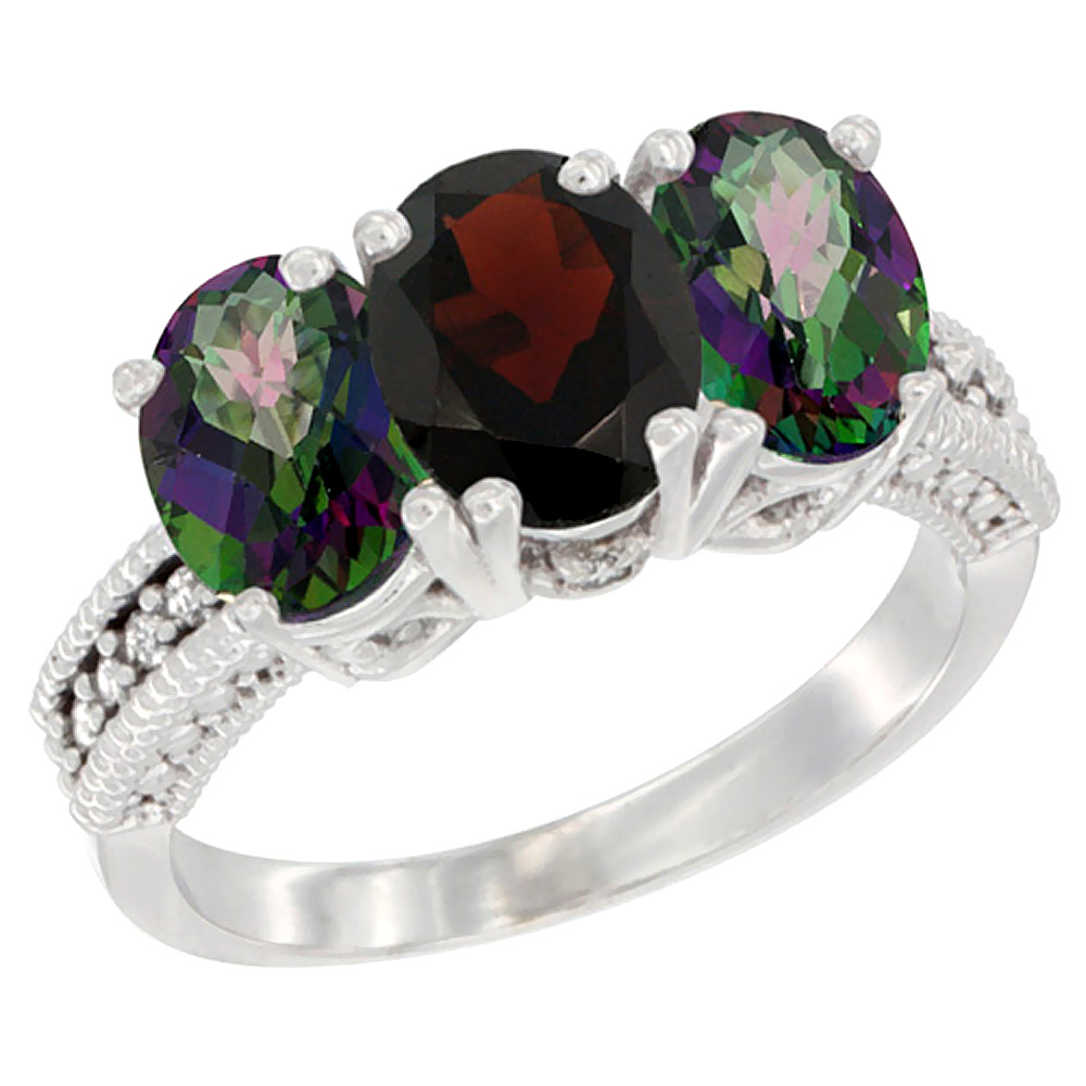 10K White Gold Natural Garnet &amp; Mystic Topaz Sides Ring 3-Stone Oval 7x5 mm Diamond Accent, sizes 5 - 10