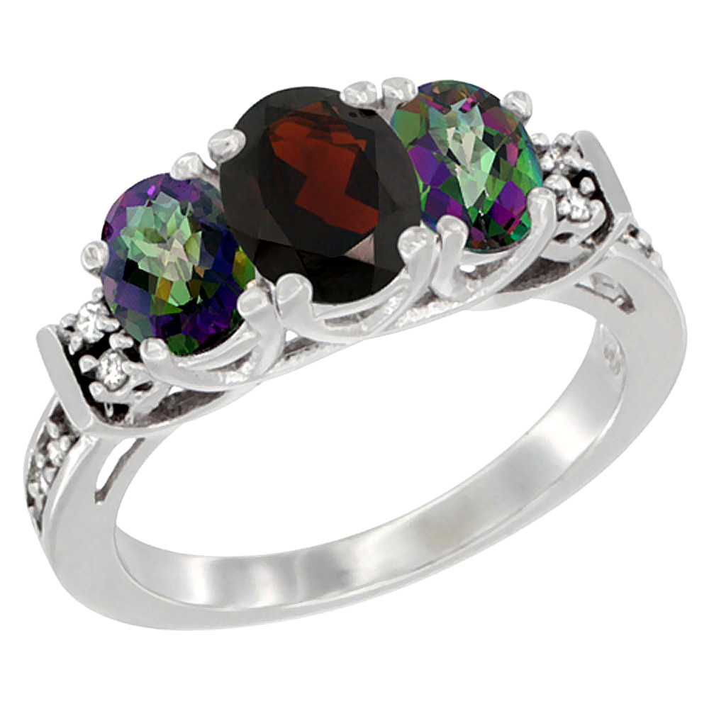 10K White Gold Natural Garnet & Mystic Topaz Ring 3-Stone Oval Diamond Accent, sizes 5-10