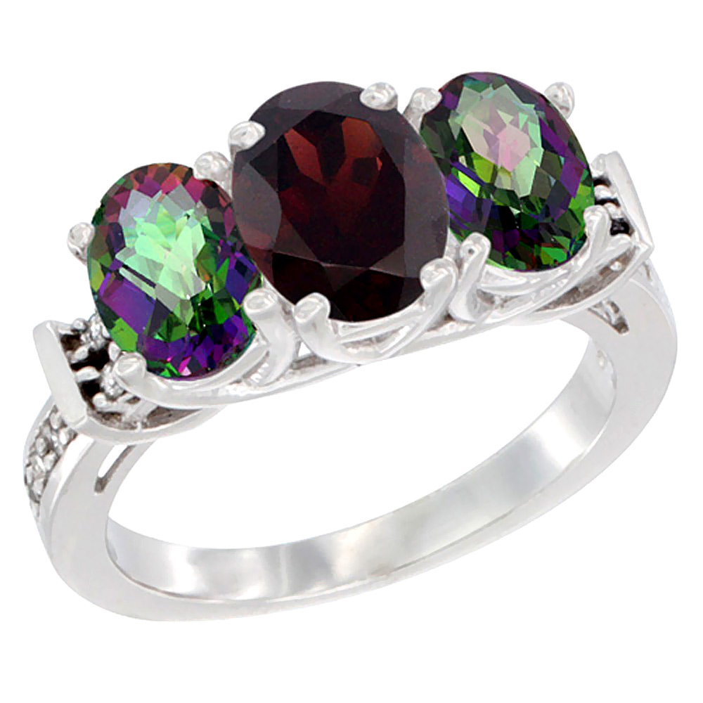 10K White Gold Natural Garnet &amp; Mystic Topaz Sides Ring 3-Stone Oval Diamond Accent, sizes 5 - 10