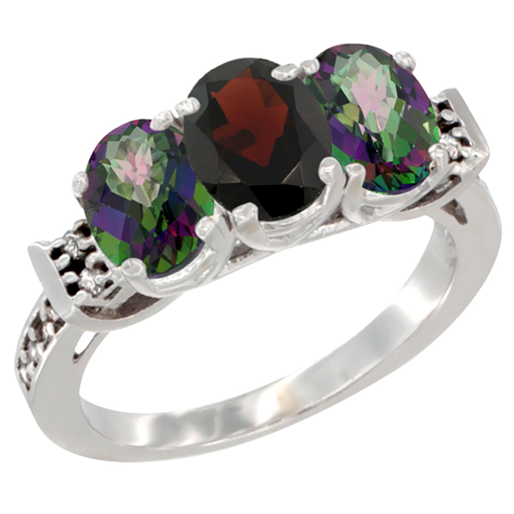 10K White Gold Natural Garnet &amp; Mystic Topaz Sides Ring 3-Stone Oval 7x5 mm Diamond Accent, sizes 5 - 10