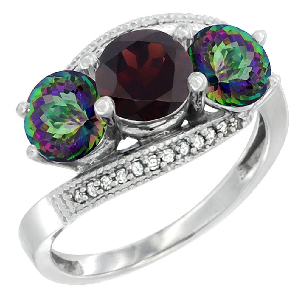 10K White Gold Natural Garnet & Mystic Topaz Sides 3 stone Ring Round 6mm Diamond Accent, sizes 5 - 10