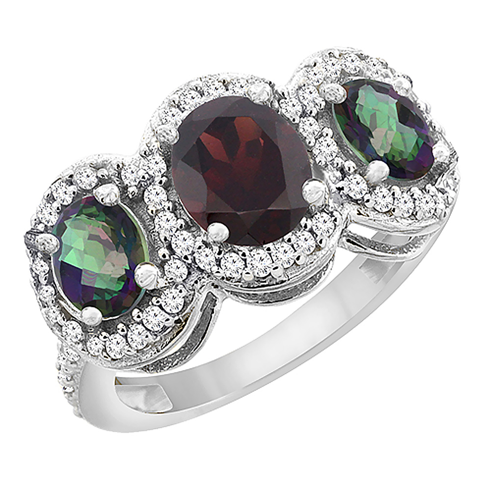 10K White Gold Natural Garnet &amp; Mystic Topaz 3-Stone Ring Oval Diamond Accent, sizes 5 - 10