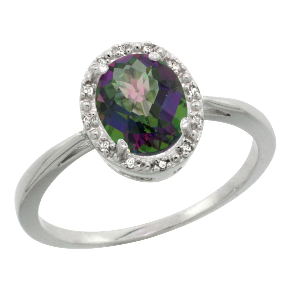 14K White Gold Natural Mystic Topaz Diamond Halo Ring Oval 8X6mm, sizes 5 10