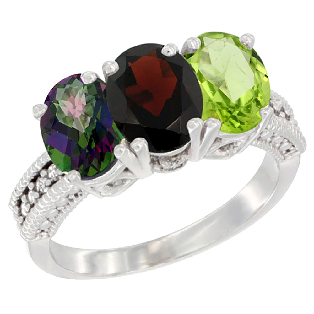 10K White Gold Natural Mystic Topaz, Garnet & Peridot Ring 3-Stone Oval 7x5 mm Diamond Accent, sizes 5 - 10