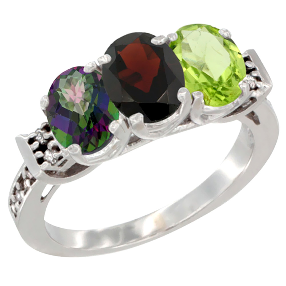 10K White Gold Natural Mystic Topaz, Garnet & Peridot Ring 3-Stone Oval 7x5 mm Diamond Accent, sizes 5 - 10