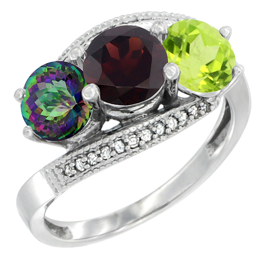 10K White Gold Natural Mystic Topaz, Garnet &amp; Peridot 3 stone Ring Round 6mm Diamond Accent, sizes 5 - 10