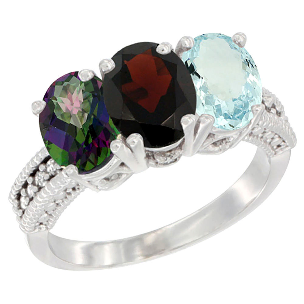 10K White Gold Natural Mystic Topaz, Garnet &amp; Aquamarine Ring 3-Stone Oval 7x5 mm Diamond Accent, sizes 5 - 10