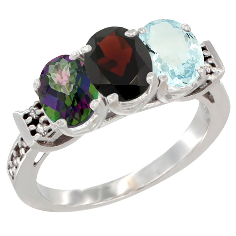 10K White Gold Natural Mystic Topaz, Garnet & Aquamarine Ring 3-Stone Oval 7x5 mm Diamond Accent, sizes 5 - 10