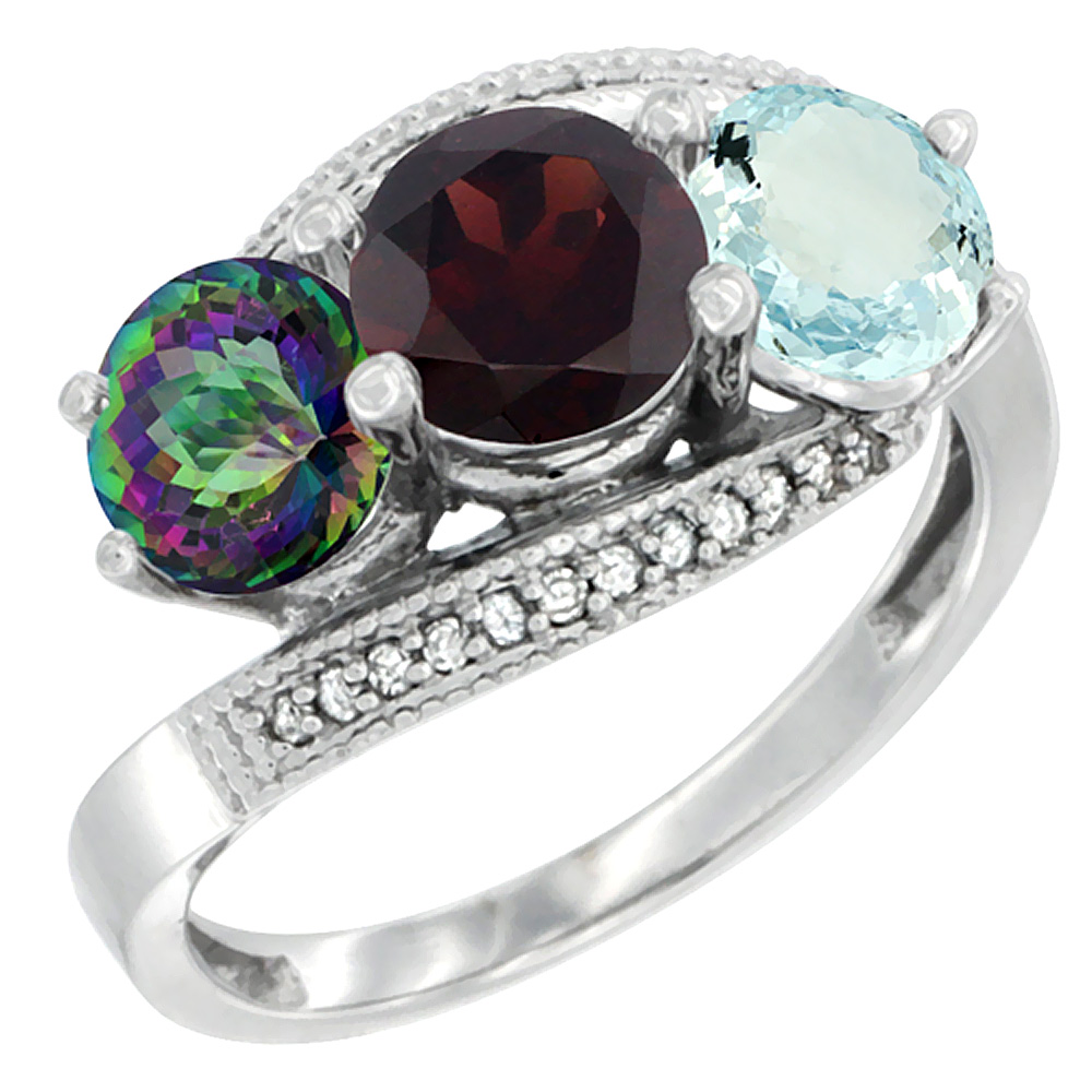 10K White Gold Natural Mystic Topaz, Garnet & Aquamarine 3 stone Ring Round 6mm Diamond Accent, sizes 5 - 10