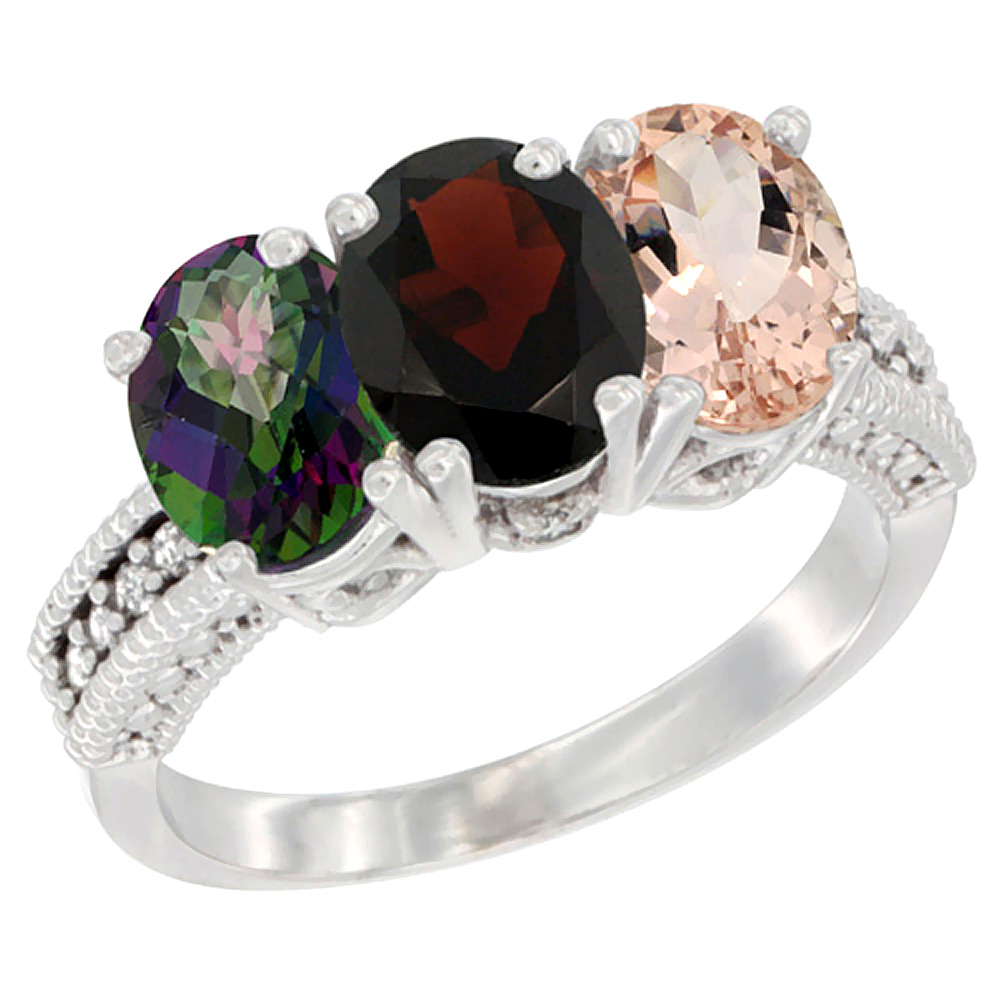 10K White Gold Natural Mystic Topaz, Garnet & Morganite Ring 3-Stone Oval 7x5 mm Diamond Accent, sizes 5 - 10