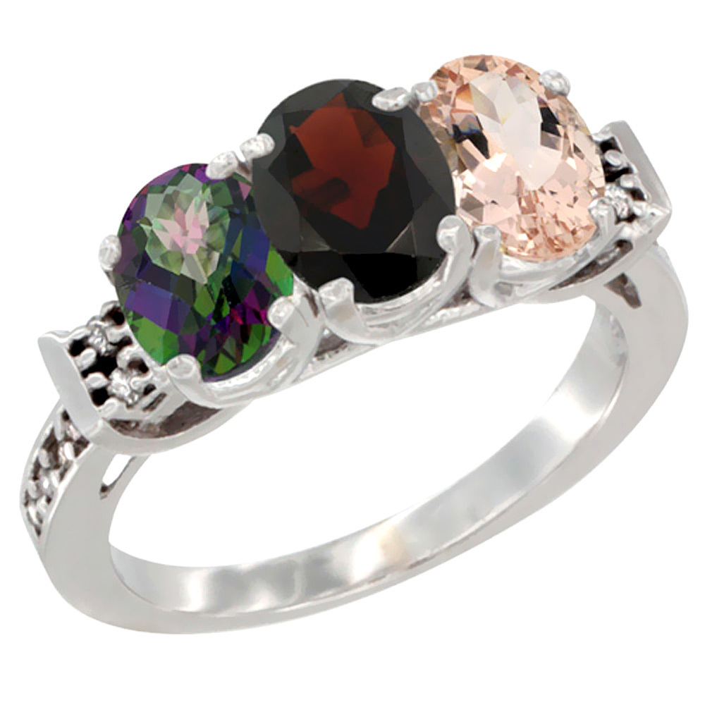 10K White Gold Natural Mystic Topaz, Garnet & Morganite Ring 3-Stone Oval 7x5 mm Diamond Accent, sizes 5 - 10