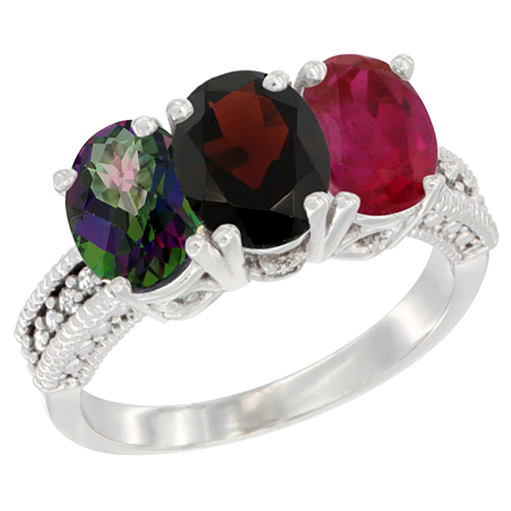 10K White Gold Natural Mystic Topaz, Garnet & Enhanced Ruby Ring 3-Stone Oval 7x5 mm Diamond Accent, sizes 5 - 10