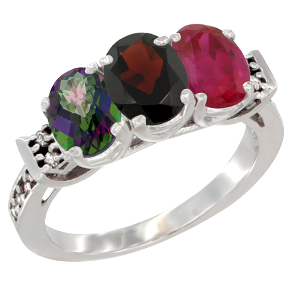 10K White Gold Natural Mystic Topaz, Garnet &amp; Enhanced Ruby Ring 3-Stone Oval 7x5 mm Diamond Accent, sizes 5 - 10