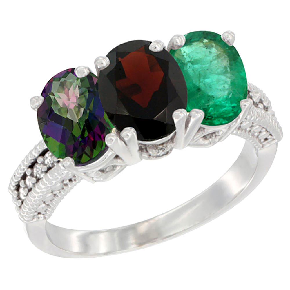 10K White Gold Natural Mystic Topaz, Garnet &amp; Emerald Ring 3-Stone Oval 7x5 mm Diamond Accent, sizes 5 - 10