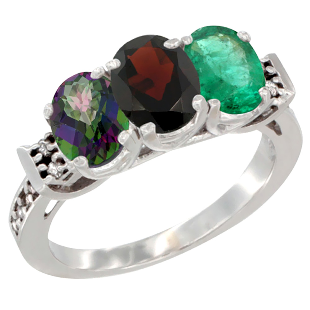 10K White Gold Natural Mystic Topaz, Garnet & Emerald Ring 3-Stone Oval 7x5 mm Diamond Accent, sizes 5 - 10