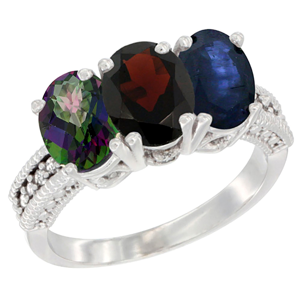 10K White Gold Natural Mystic Topaz, Garnet &amp; Blue Sapphire Ring 3-Stone Oval 7x5 mm Diamond Accent, sizes 5 - 10