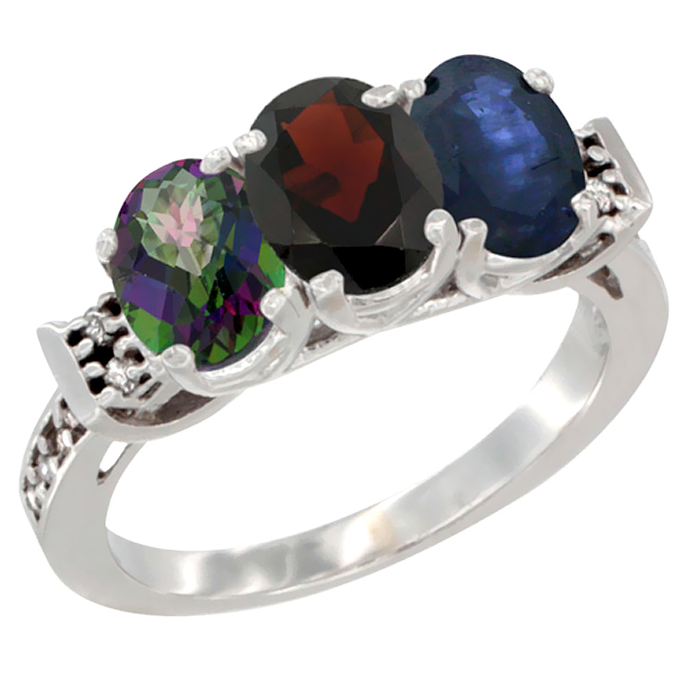 10K White Gold Natural Mystic Topaz, Garnet &amp; Blue Sapphire Ring 3-Stone Oval 7x5 mm Diamond Accent, sizes 5 - 10