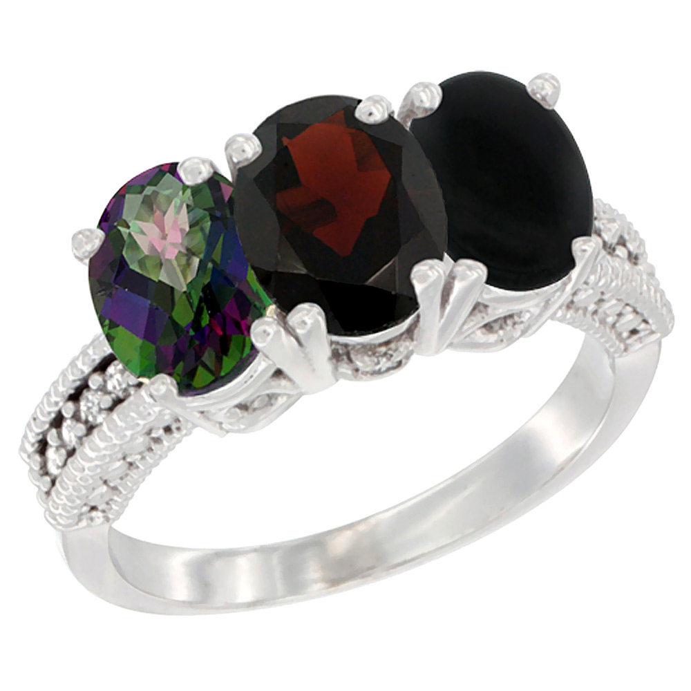 10K White Gold Natural Mystic Topaz, Garnet &amp; Black Onyx Ring 3-Stone Oval 7x5 mm Diamond Accent, sizes 5 - 10