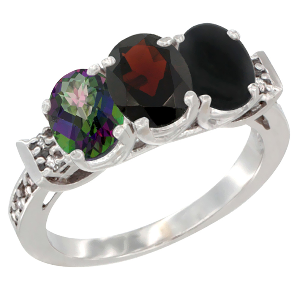 10K White Gold Natural Mystic Topaz, Garnet &amp; Black Onyx Ring 3-Stone Oval 7x5 mm Diamond Accent, sizes 5 - 10