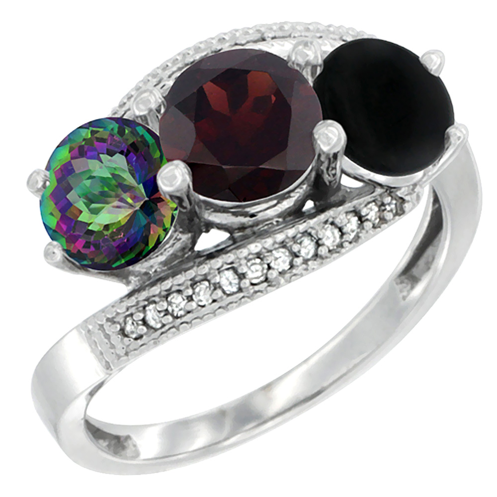 10K White Gold Natural Mystic Topaz, Garnet &amp; Black Onyx 3 stone Ring Round 6mm Diamond Accent, sizes 5 - 10