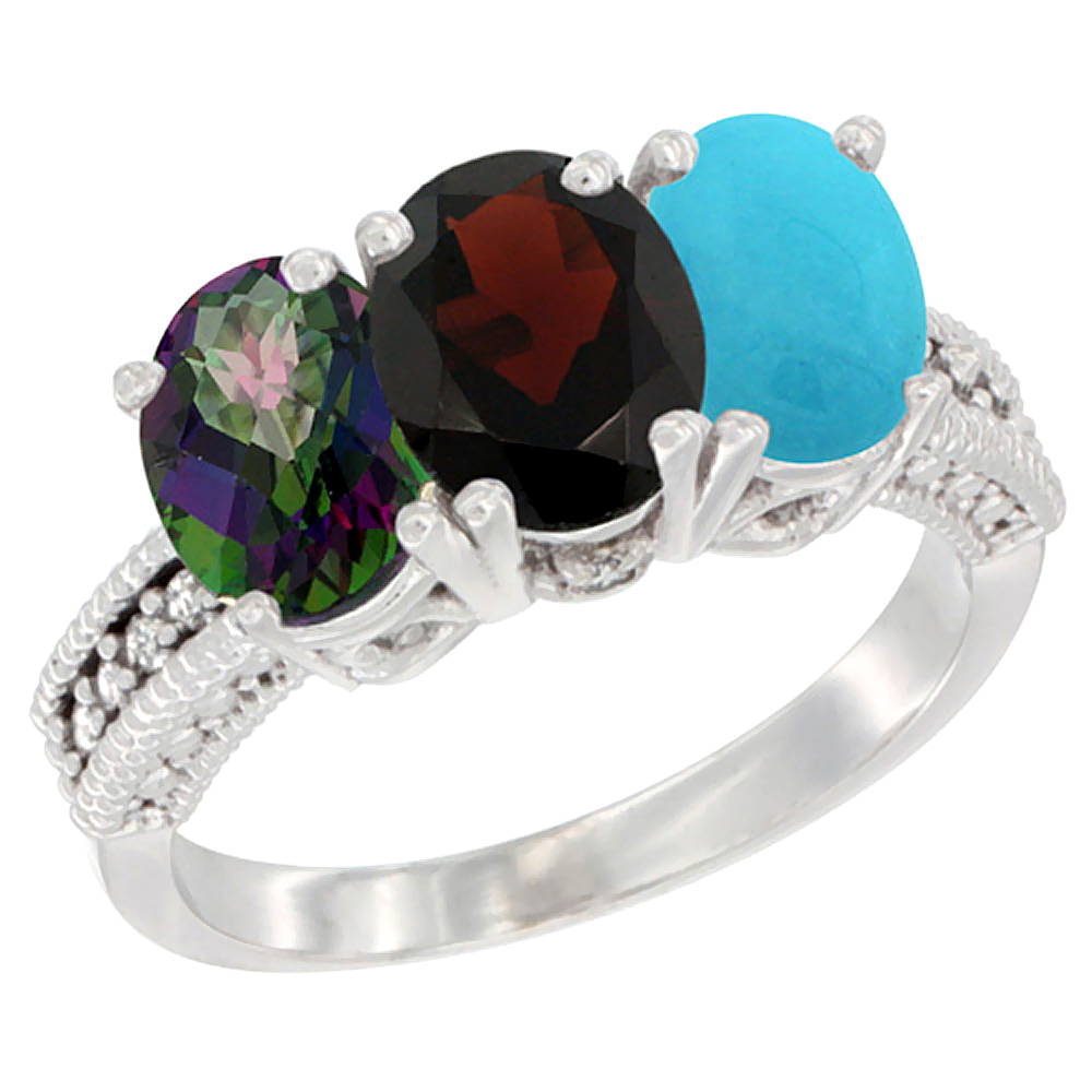 10K White Gold Natural Mystic Topaz, Garnet &amp; Turquoise Ring 3-Stone Oval 7x5 mm Diamond Accent, sizes 5 - 10