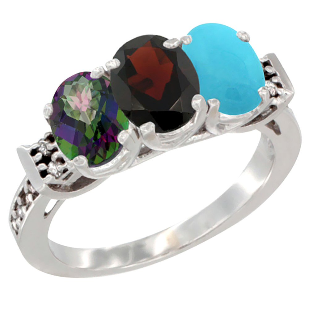 10K White Gold Natural Mystic Topaz, Garnet &amp; Turquoise Ring 3-Stone Oval 7x5 mm Diamond Accent, sizes 5 - 10