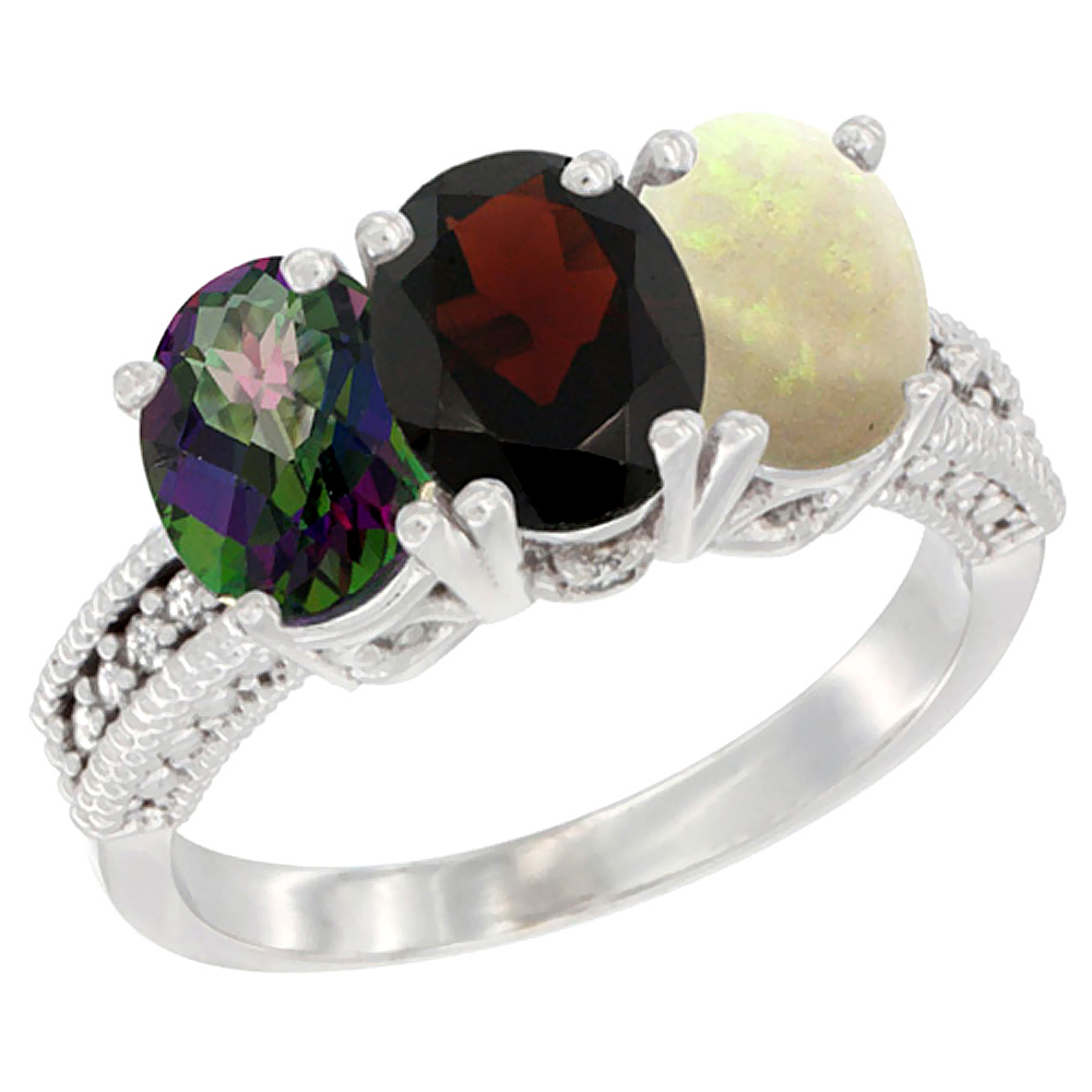 10K White Gold Natural Mystic Topaz, Garnet & Opal Ring 3-Stone Oval 7x5 mm Diamond Accent, sizes 5 - 10