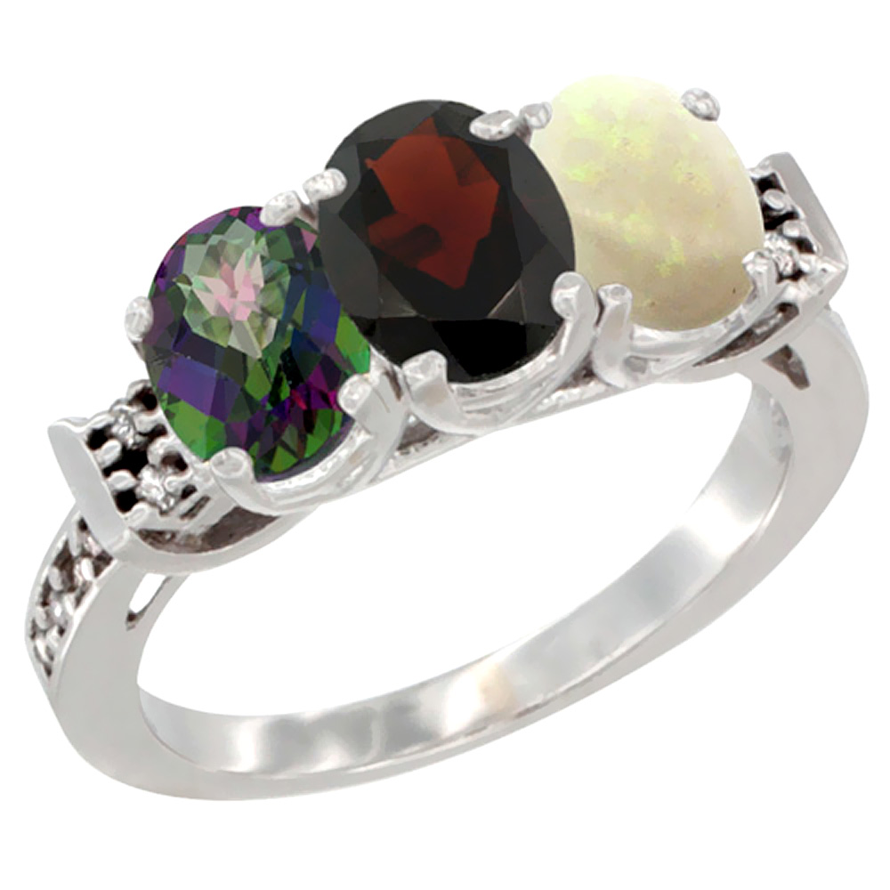 10K White Gold Natural Mystic Topaz, Garnet & Opal Ring 3-Stone Oval 7x5 mm Diamond Accent, sizes 5 - 10