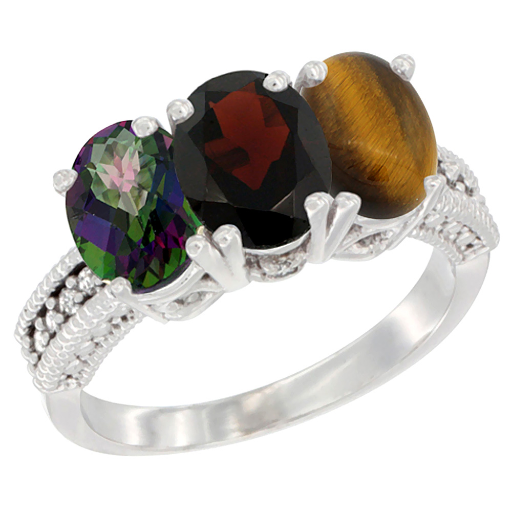 10K White Gold Natural Mystic Topaz, Garnet &amp; Tiger Eye Ring 3-Stone Oval 7x5 mm Diamond Accent, sizes 5 - 10