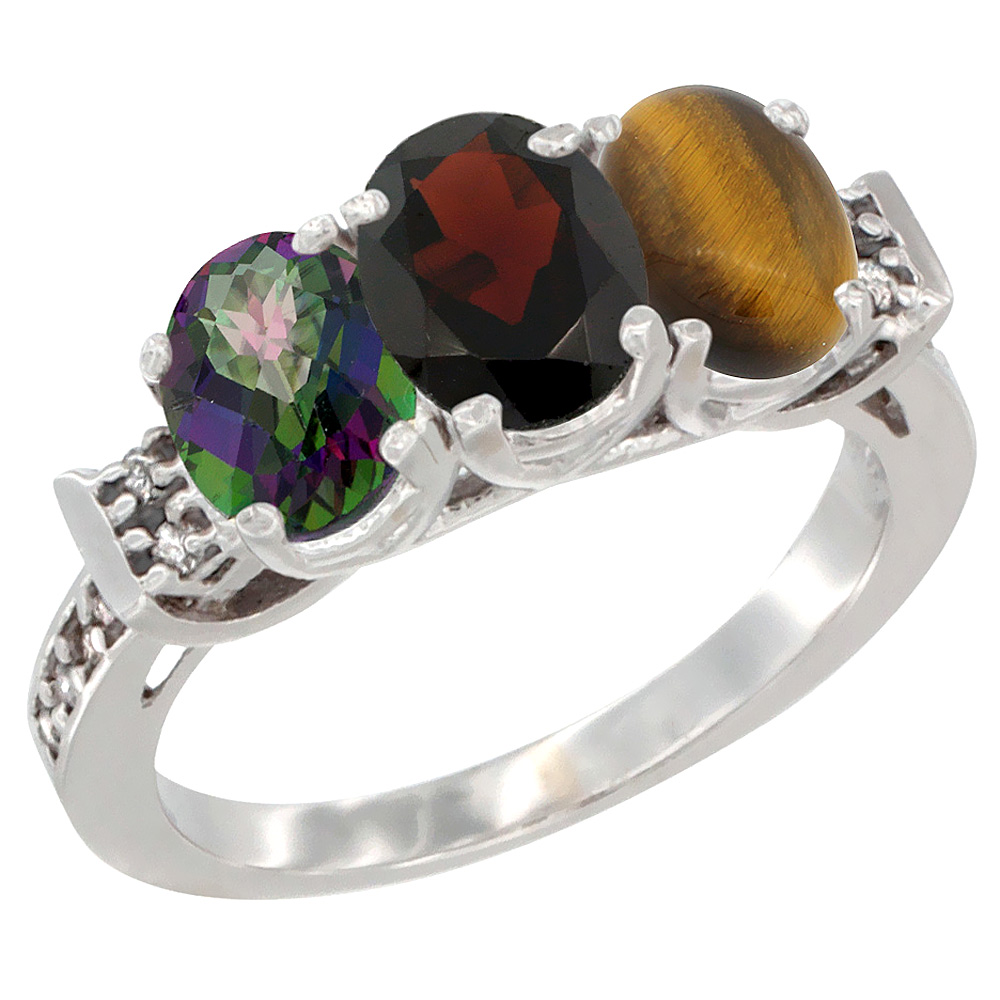 10K White Gold Natural Mystic Topaz, Garnet &amp; Tiger Eye Ring 3-Stone Oval 7x5 mm Diamond Accent, sizes 5 - 10