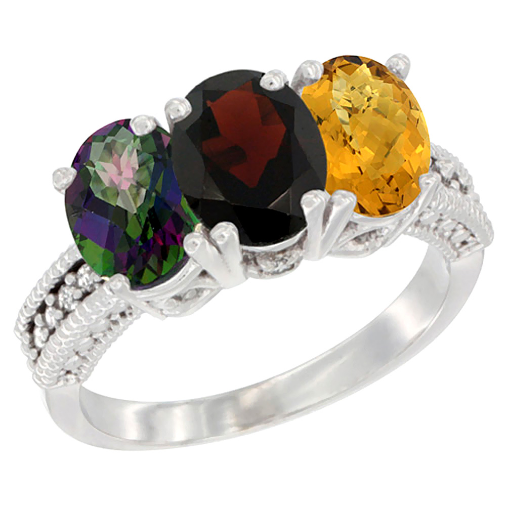 10K White Gold Natural Mystic Topaz, Garnet & Whisky Quartz Ring 3-Stone Oval 7x5 mm Diamond Accent, sizes 5 - 10