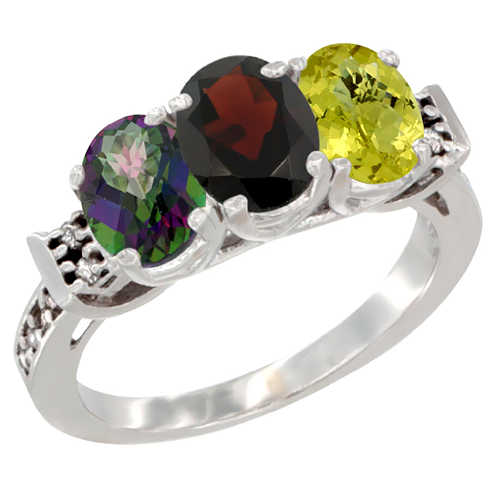 10K White Gold Natural Mystic Topaz, Garnet & Lemon Quartz Ring 3-Stone Oval 7x5 mm Diamond Accent, sizes 5 - 10